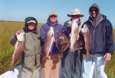 weather conditions, fishing tip. A.J. Hubler, Vince Hubler, Al Hubler, and Walter Lazusky caught these drum and flounder